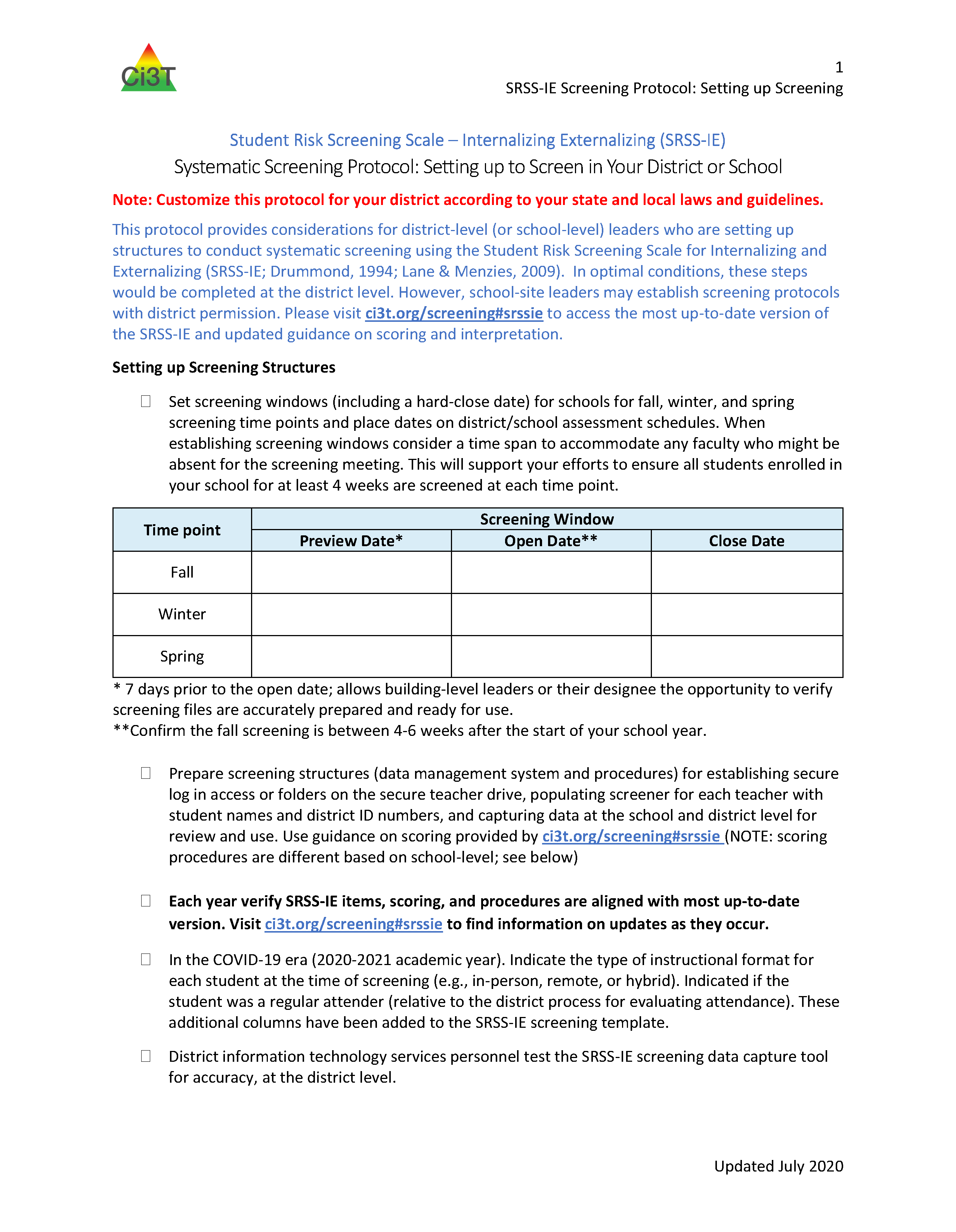 2020 2021 SRSS IE Screening Protocol: Setting up to Screen in Your District or School